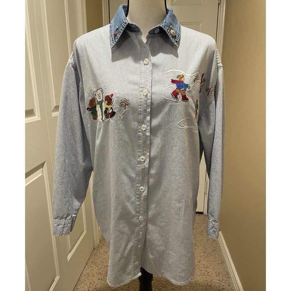 Vtg Women's Long Sleeve Striped Denim Shirt Embroidered Teddy Bears Cottagecore